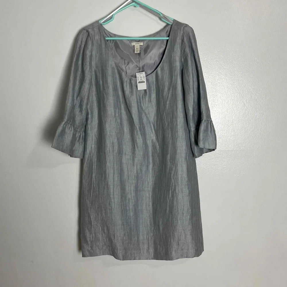 NWT J.CREW Gray Mini Shift Dress‎ Linen Blend Bell Sleeve Scoop Neck Pockets 14